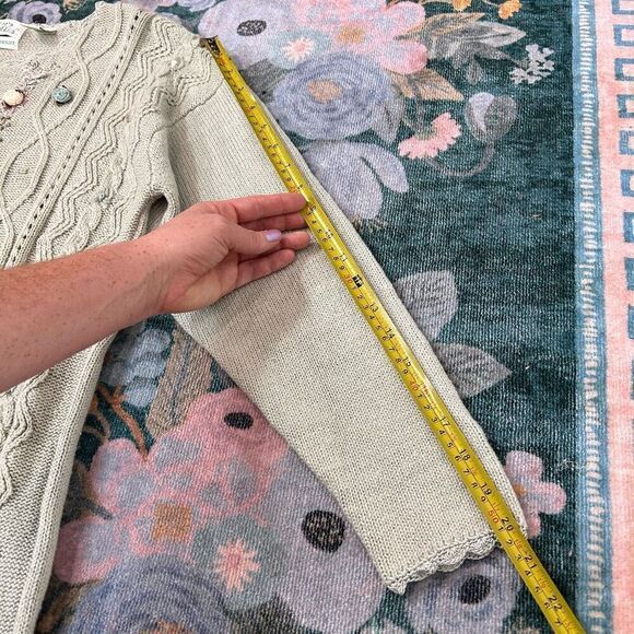 Colleen's Collections Sweater Womens Green Floral Embroidered Cable Knit Rosette - Picture 11 of 16